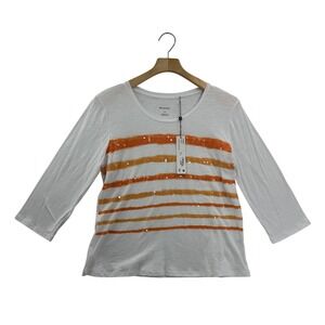 SPANNER Women's White Orange Sequin Stripe 3/4 Sleeve Top‎ Size L